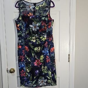 Tahari Floral Sleeveless Sheath Navy Dress Size 12